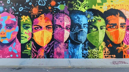 Vibrant mural depicting people in protective gear amidst large, abstract virus shapes. Urban art, pandemic symbolism, colorful graffiti, and social commentary on public health. Generative AI.