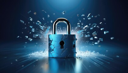 Digital lock icon breaking apart, symbolizing a cybersecurity breach or data vulnerability 