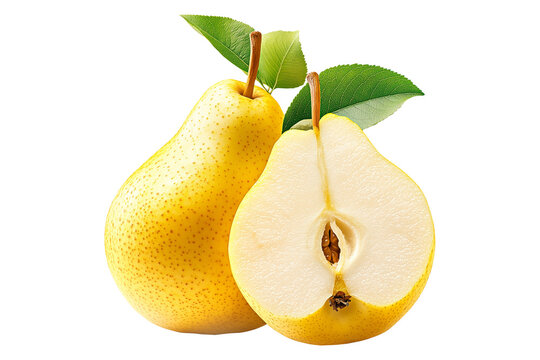 Whole ripe pear and sliced half with visible seeds and green leaf isolated on white transparent background, concept of fresh fruit and nutrition