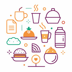 A set of pixel-perfect, thin line icons representing various food and drink items, including meals, beverages, and cooking elements 