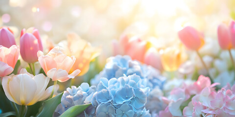 Obraz premium vibrant floral scene featuring pastel tulips and hydrangeas under soft sunlight, creating dreamy and serene atmosphere