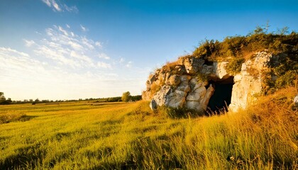 stone cave in the meadow, meadow background, copy space