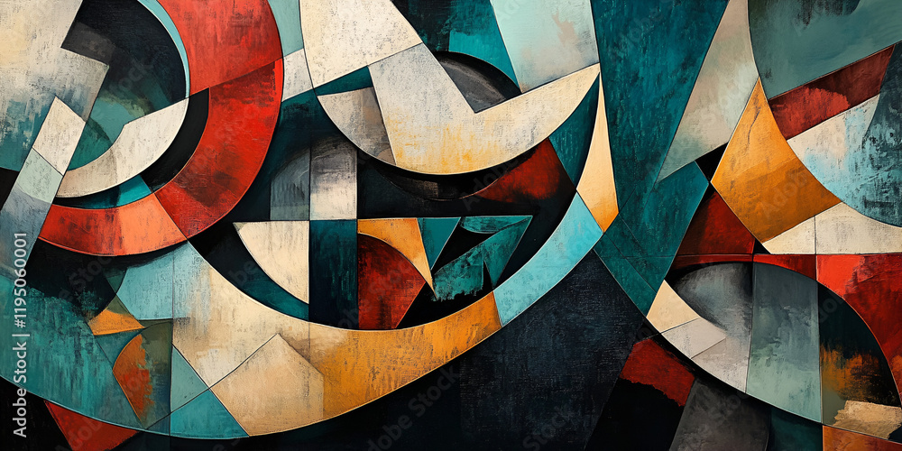 Poster abstract geometric composition: a dynamic interplay of shapes and colors, with bold strokes and intr