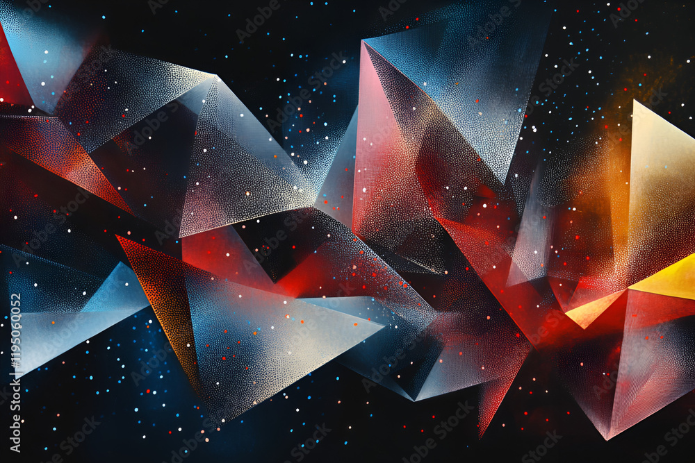 Poster cosmic geometry: an abstract, dynamic composition of sharp, overlapping geometric shapes, rendered i
