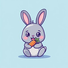 Obraz premium Cute bunny eating carrot, pastel background, children's illustration, ideal for cards