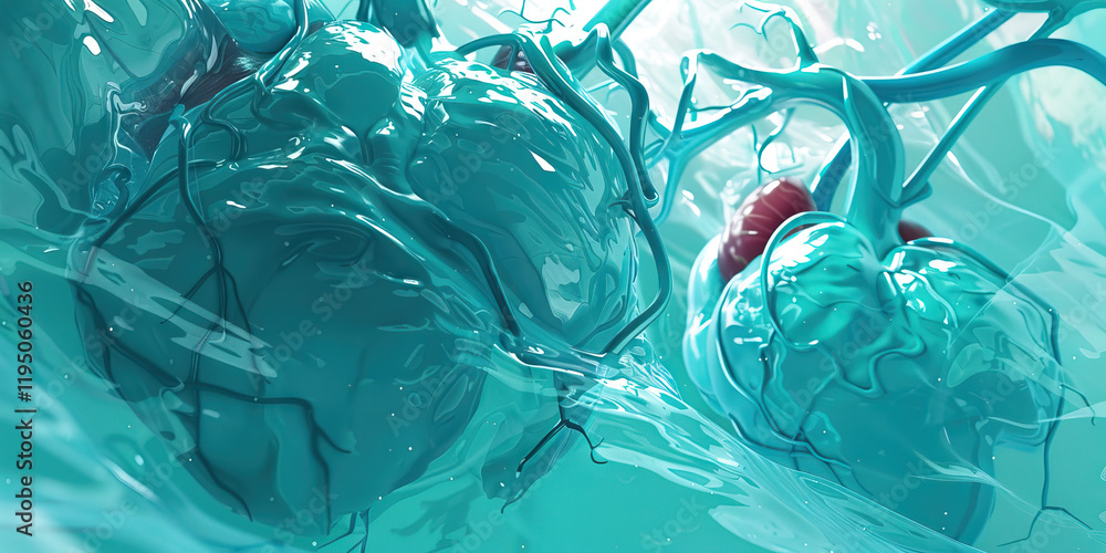 Aufkleber abstract rendering: teal cardiac forms and vascular network