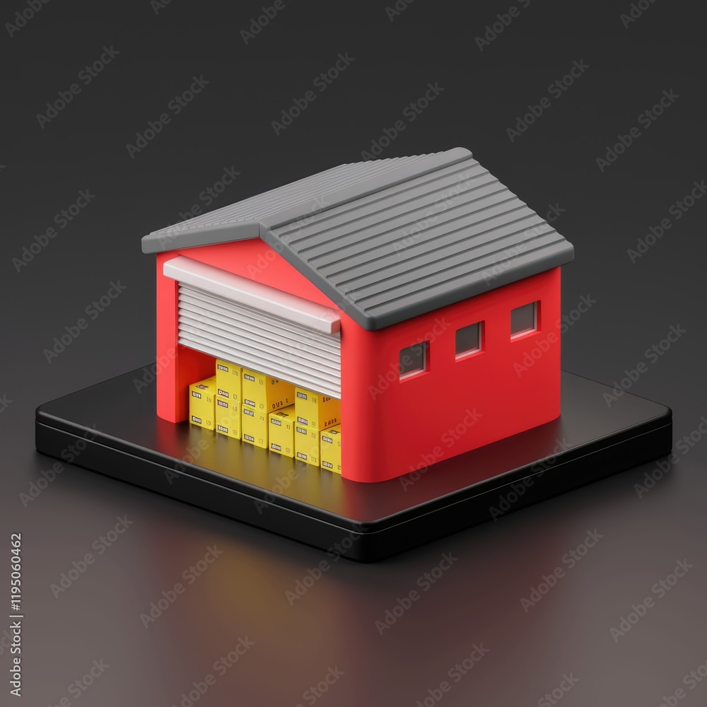 Poster a red warehouse with a rolling door, filled with yellow boxes, signifying storage and logistics.