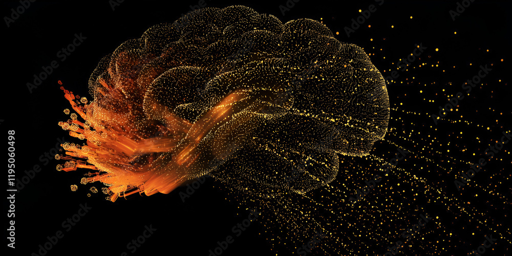 Aufkleber neural network: an abstract, mesmerizing illustration of a glowing human brain composed of a network