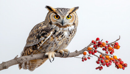 Obraz premium A majestic owl perched on a branch with vivid brown and white feathers, sharp glowing eyes, intricate feather details, and vibrant red-orange berries accenting the scene against a clean white backgrou