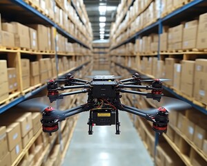 Drone flying in a warehouse aisle.