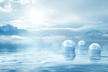 Three Ice Spheres Floating on Calm Water, Clear Blue Sky with Soft White and Light Gray Clouds, Ideal for Peaceful Environments like Art Gallery Displays, Spa Settings, or Wallpaper, Conveys Tranquili
