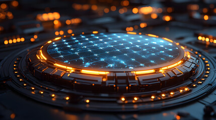 Obraz premium a close up of a circular device with a glowing blue dot