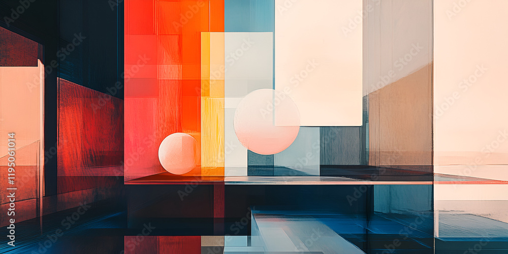 Poster abstract glass spheres: two translucent spheres rest on a platform within a vibrant, geometric glass