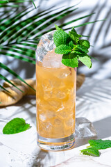 Salty ginger-ade non-alcoholic cocktail drink with lemon juice, dates, salt, cumin, ginger beer and mint. White marble table with palm leaves and shadows