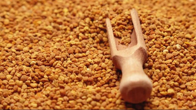 A small wooden scoop on a pile of bee pollen granules