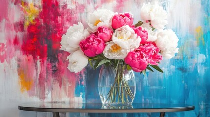 A bouquet of vibrant peonies in shades of pink, white, and red placed in a glass vase