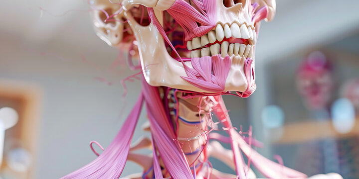 Anatomical Model: Human Skull Lower Jaw with Masticatory Muscles and Vessels