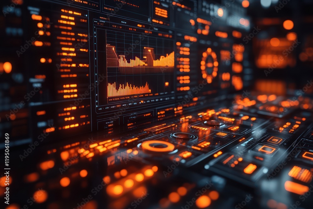 Poster futuristic orange interface: digital dashboard display