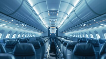 Empty passenger seats in the airplane cabin. Modern passenger aircraft. Passenger flights. Travel. Passenger airlines	
