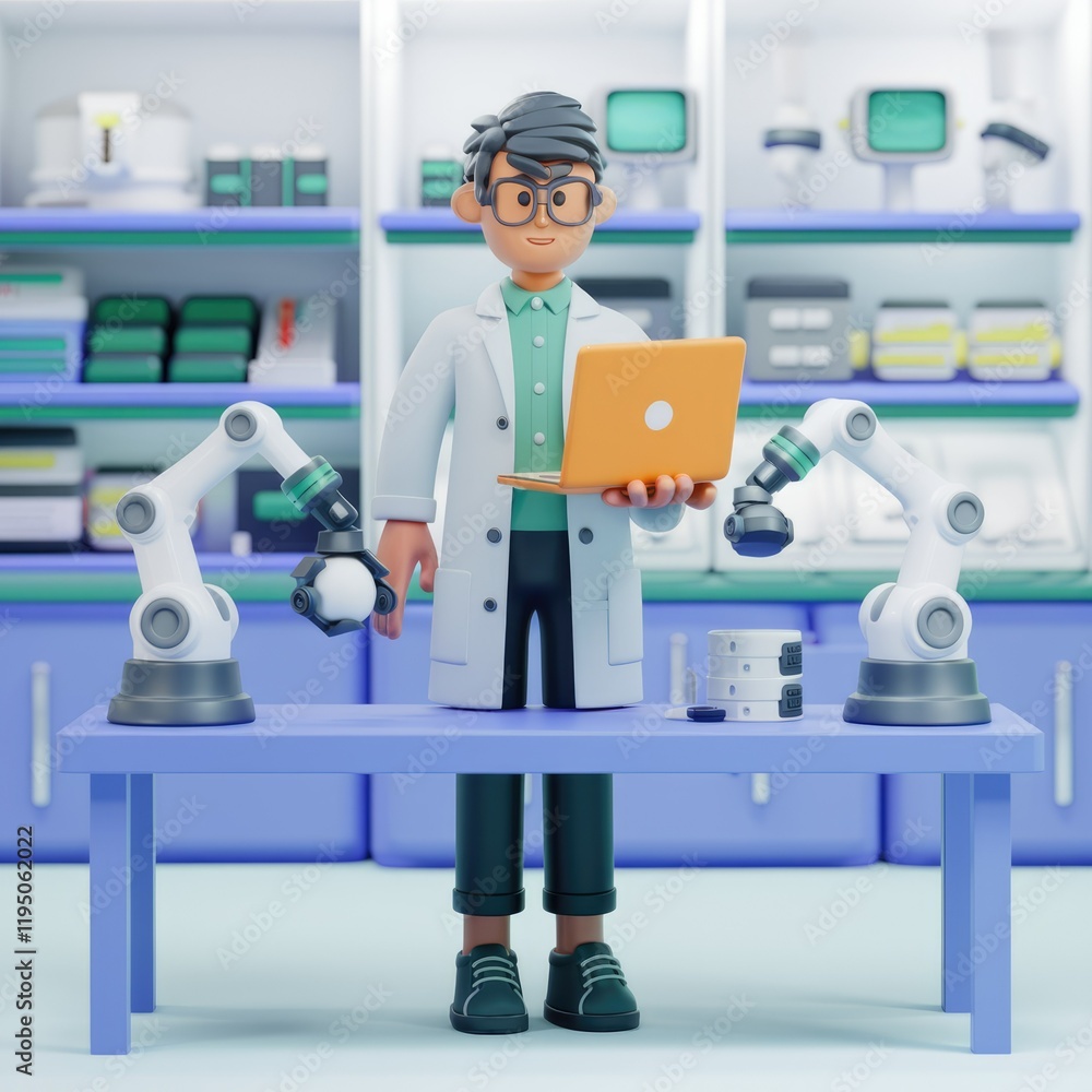 Aufkleber a 3d-rendered scientist uses robotic arms in a futuristic lab setting.