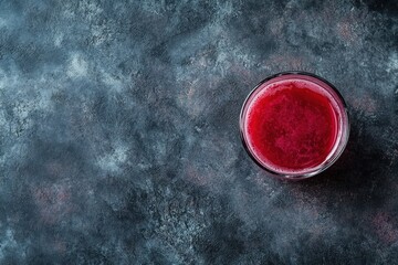 A glass of vibrant red berry juice sits on a dark surface