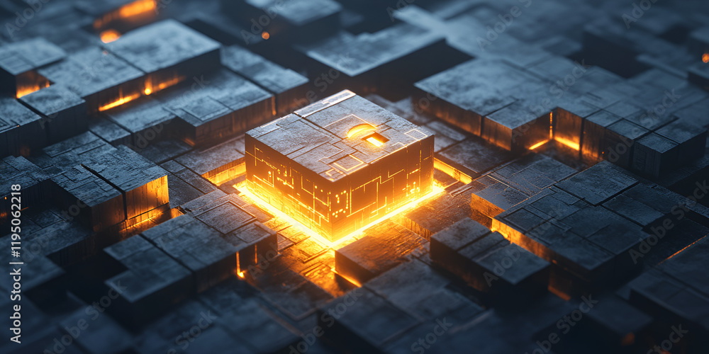 Poster the key to innovation: a glowing cube with a lock and key symbol embedded on its surface, surrounded