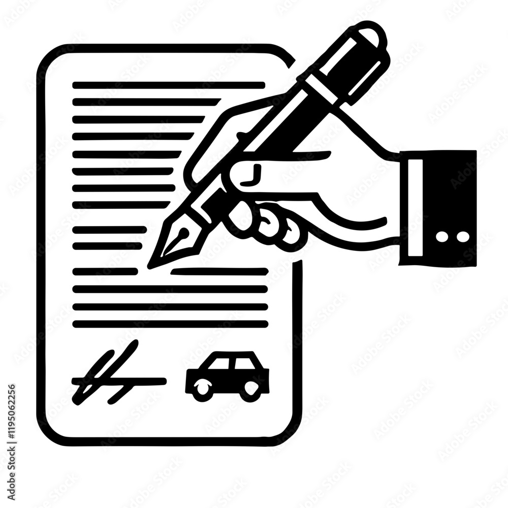 Poster pen signing car contract in a minimalistic black-and-white vector style with clean lines