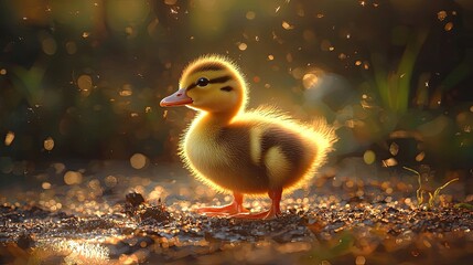 Fluffy duckling standing on soil under warm sunlight, surrounded by floating dust particles. Captures innocence, wildlife, and natural beauty. Generative AI