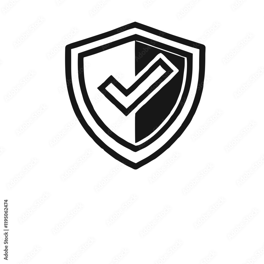Poster shield check mark logo icon design template in minimalistic black-and-white vector style