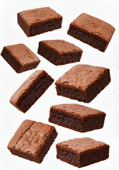 Pieces of chocolate brownies floating or falling in mid air, isolated on transparent background 