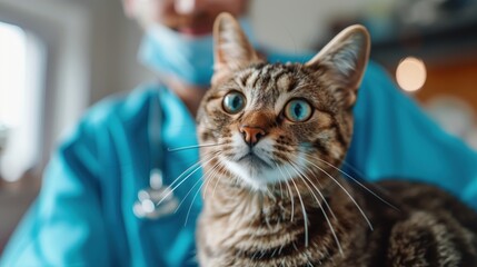 Naklejka premium Veterinarian. Veterinarians perform routine examinations of pets on a table in a modern veterinary clinic. Treatment and vaccination of pets. Animal care 