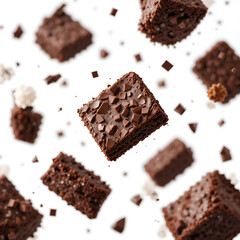 Pieces of chocolate brownies floating 