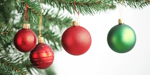 Obraz premium Christmas ornaments in red and green hanging from a lush green pine tree branch against a soft white background, creating a festive holiday atmosphere