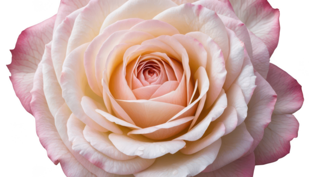Intricate concentric circles formed by soft pink and white rose petals, with subtle layering and a gradual transition of colors, isolated on a white transparent background PNG.