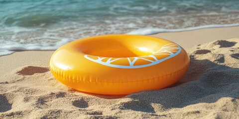 Childrens orange inflatable swimming ring on sandy beach with gentle waves in background, vibrant yellow color, circular position on the sand