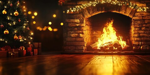 Obraz premium Warm cozy fireplace with lighted flames on stone hearth beside a decorated Christmas tree glowing with golden lights and gifts beneath them.