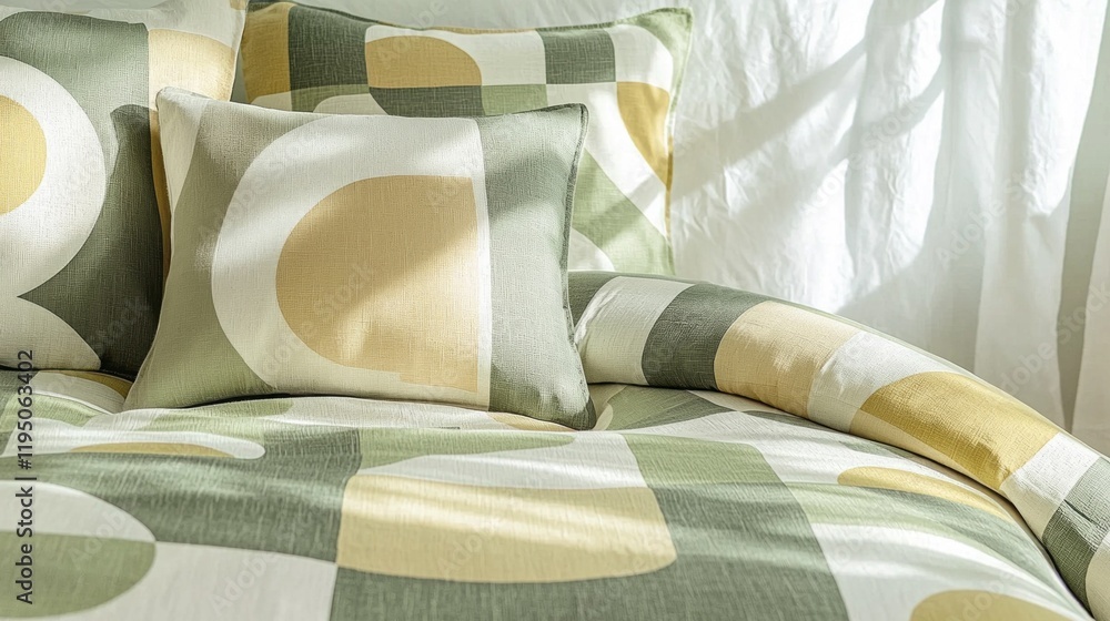 Poster soft light filters through sheer curtains, highlighting the soothing sage green geometric patterns o