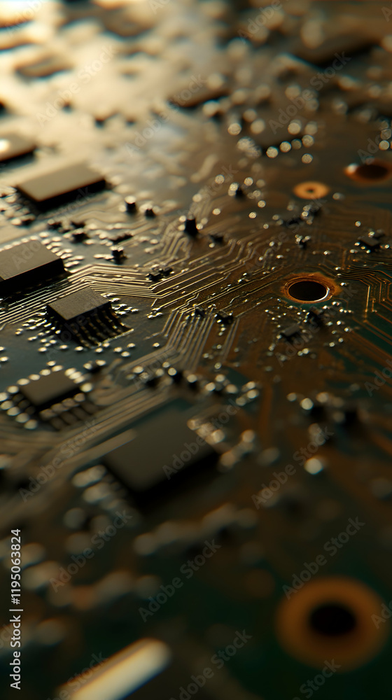 Poster close-up of a circuit board's intricate design, showcasing the complex pathways and components of mo