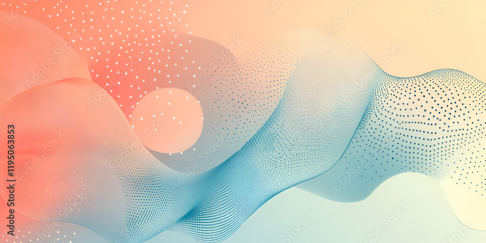 Poster abstract flowing hues: a mesmerizing blend of pastel peach and teal hues, forming elegant, flowing w