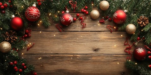 Christmas holiday arrangement on wooden backdrop featuring red and gold ornaments with pine branches and space for text centered at the bottom