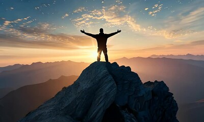 A breathtaking view of a hiker standing atop a mountain at sunrise, surrounded by clouds and illuminated by warm golden hues against a vibrant sky.