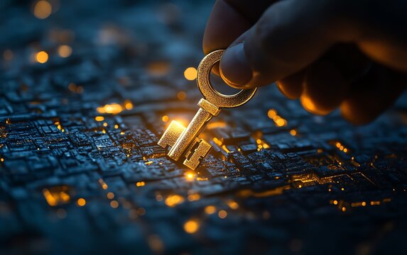 Businessman unlocking a golden key to success, 3D business solution concept, opportunity achievement, finance wealth, and strategic access to goals