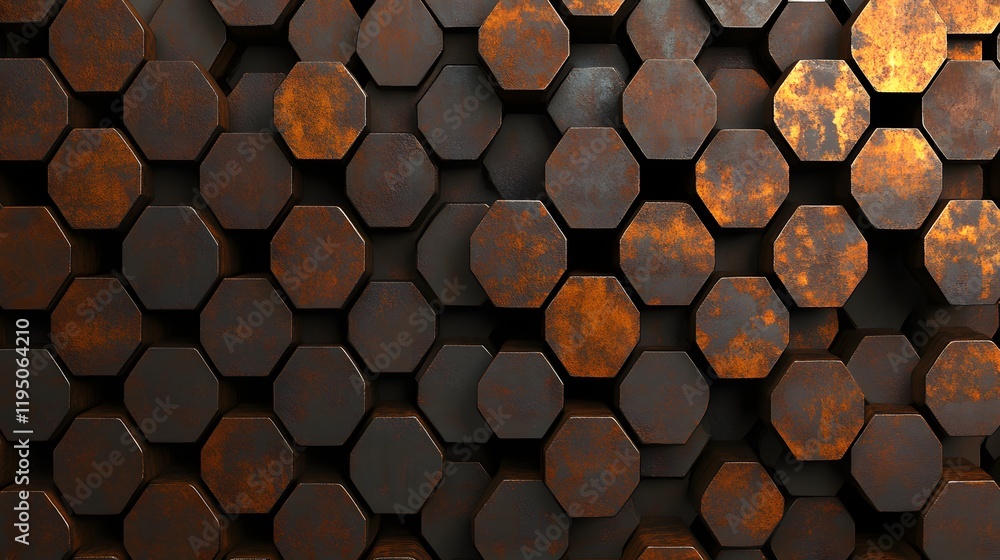 Poster textured hexagonal pattern of brown and rusty metal with depth and shadow, ideal for industrial and 