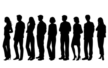 Group of silhouettes of men and women standing business people, vector, profile, black isolated on white background