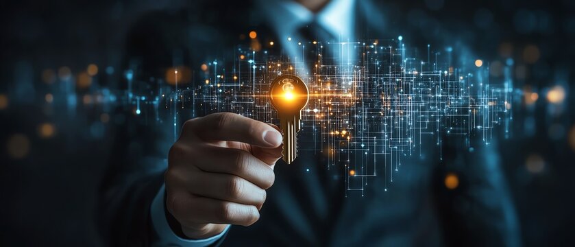 Businessman unlocking key to business solutions, financial vision, 3D background of opportunity achievement, security access strategy, and goal development