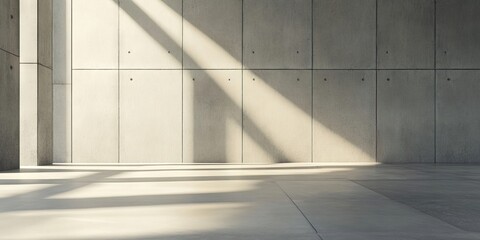 Fototapeta premium Minimalistic interior with clean gray concrete walls and floor bathed in natural light creating geometric shadows, evoking a serene atmosphere.
