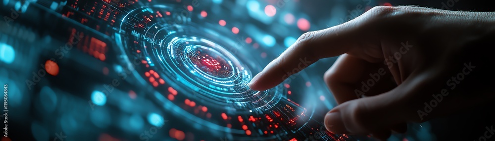Poster closeup of a hand navigating a futuristic hud interface, holographic computer screen display, cyber 