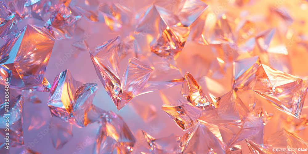 Poster prismatic sparkle: a mesmerizing close-up abstract of iridescent crystal shards, bathed in a soft, w