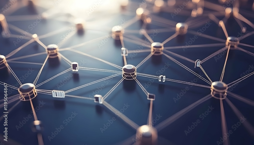 Poster abstract network connection visualization; interconnected nodes representing data flow, global netwo
