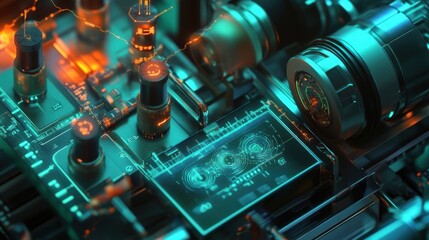 A detailed image of interconnected sensors on a factory machine with blinking lights indicating data collection and overlay graphics showcasing simulated performance metrics.